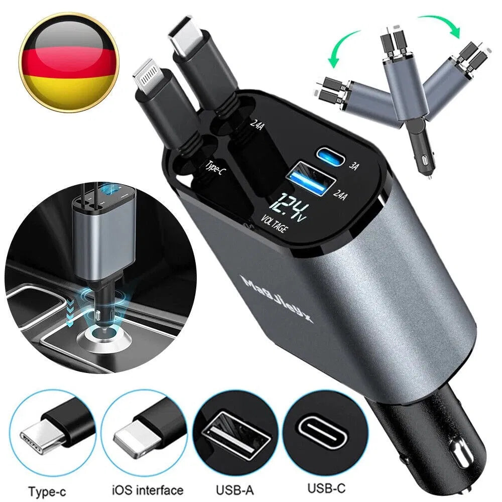 4-in-1 retractable car charger features