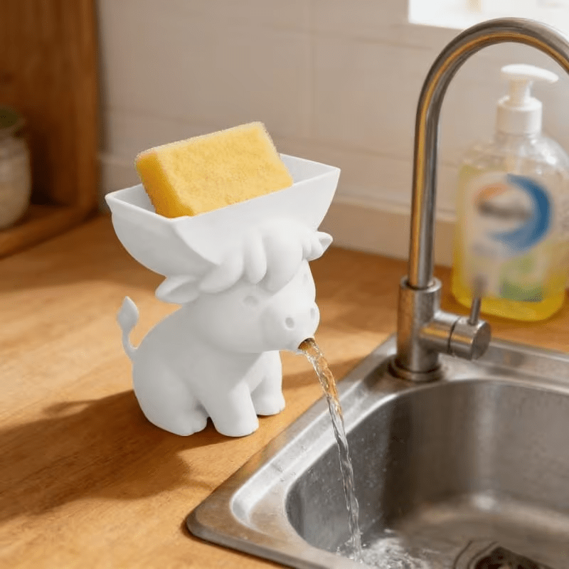 White cow sponge holder with a front drain opening beside a kitchen sink
