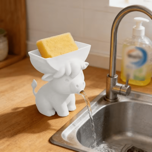 White cow sponge holder with a front drain opening beside a kitchen sink